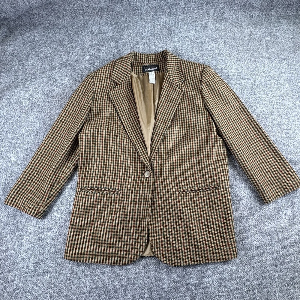Vintage 90s Sag Harbor‎ Blazer Women's 14 Brown Houndstooth Wool Academia Preppy